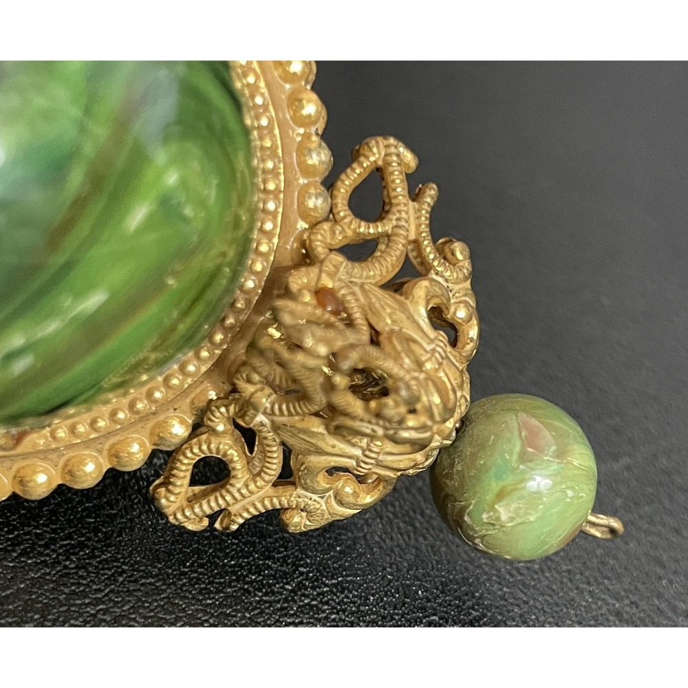 Vintage Miriam Haskel Pendant Egg Green Swirl Orb Pendant Gold‎ Tone Filigree - Picture 4 of 8